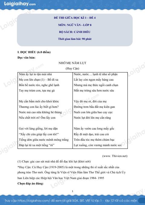 Đề thi giữa kì 1 Văn 8 Cánh diều - Đề số 4